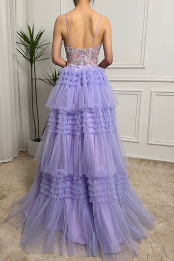 Lilac Tulle A Line Tiered Corset Long Prom Dress With Beaded Flower Appliques